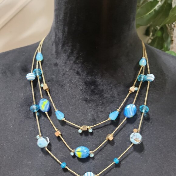 Womens Fashion Three Strands Charm Necklace Turquoise Gemstone w/ Lobster Clasp - Picture 2 of 6